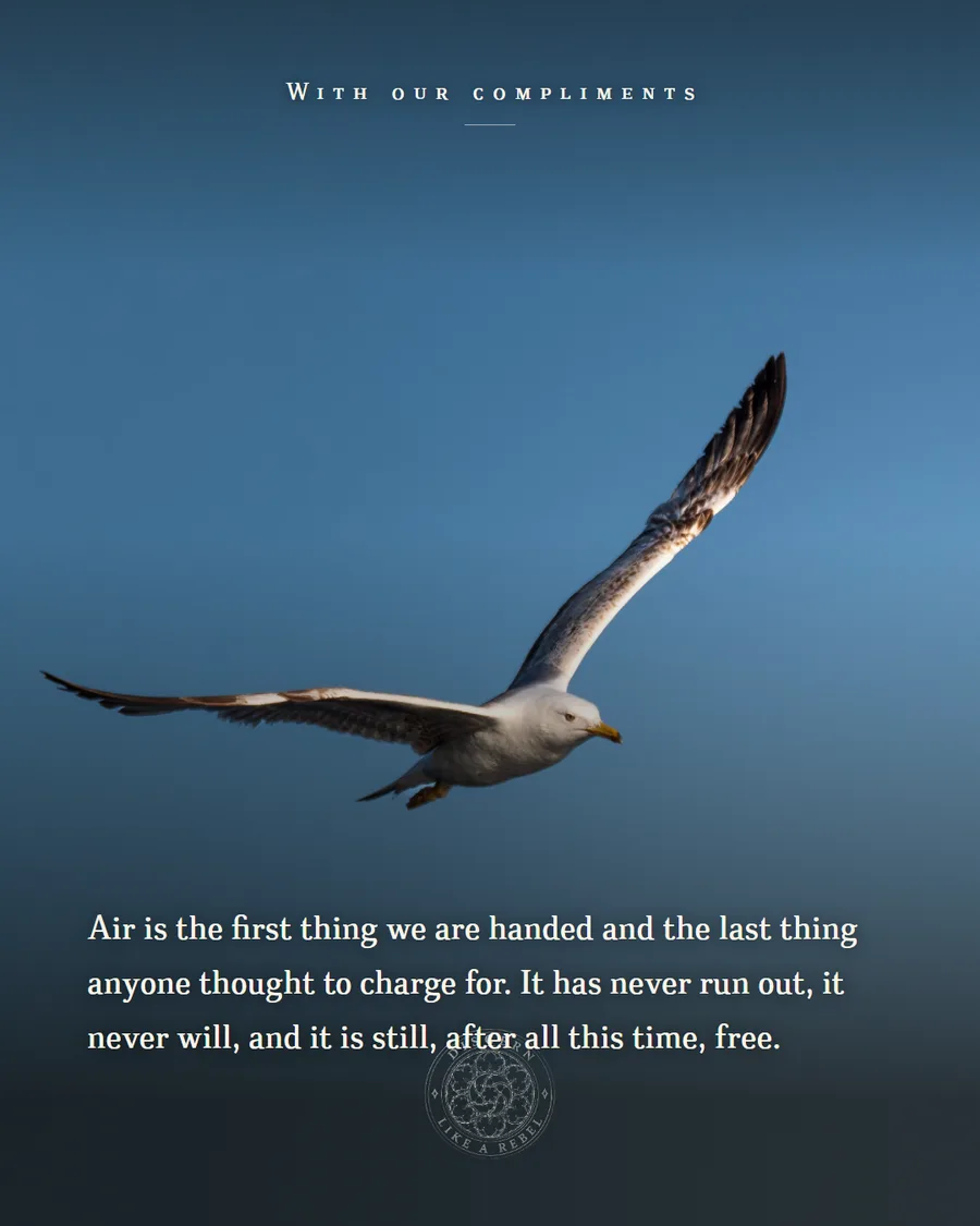 Plate reading: Air is the first thing we are handed and the last thing anyone thought to charge for.