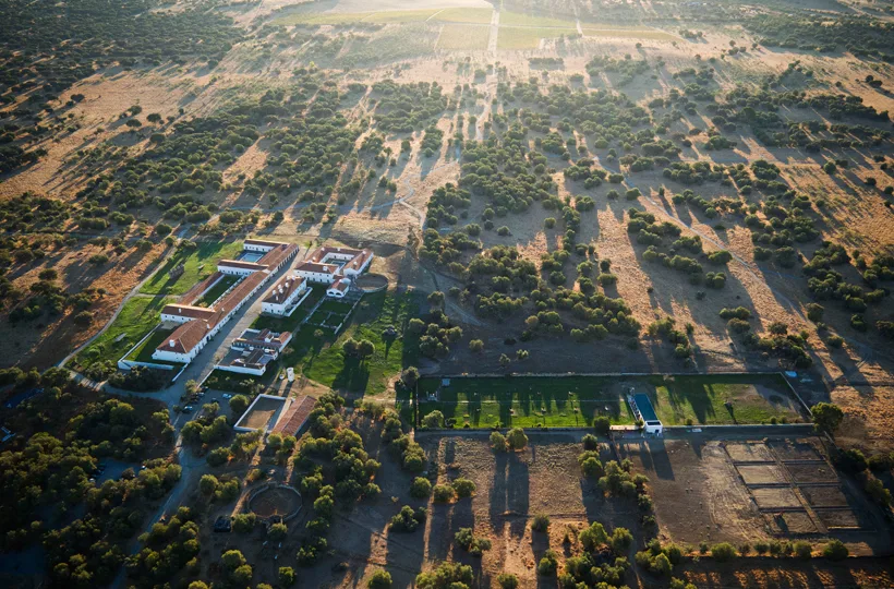 São Lourenço do Barrocal's white farm village among trees, fields and gardens, seen from above
