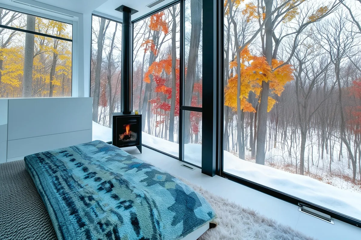 A dark bedroom with floor-to-ceiling windows onto snow and autumn trees, a small wood stove lit beside the bed