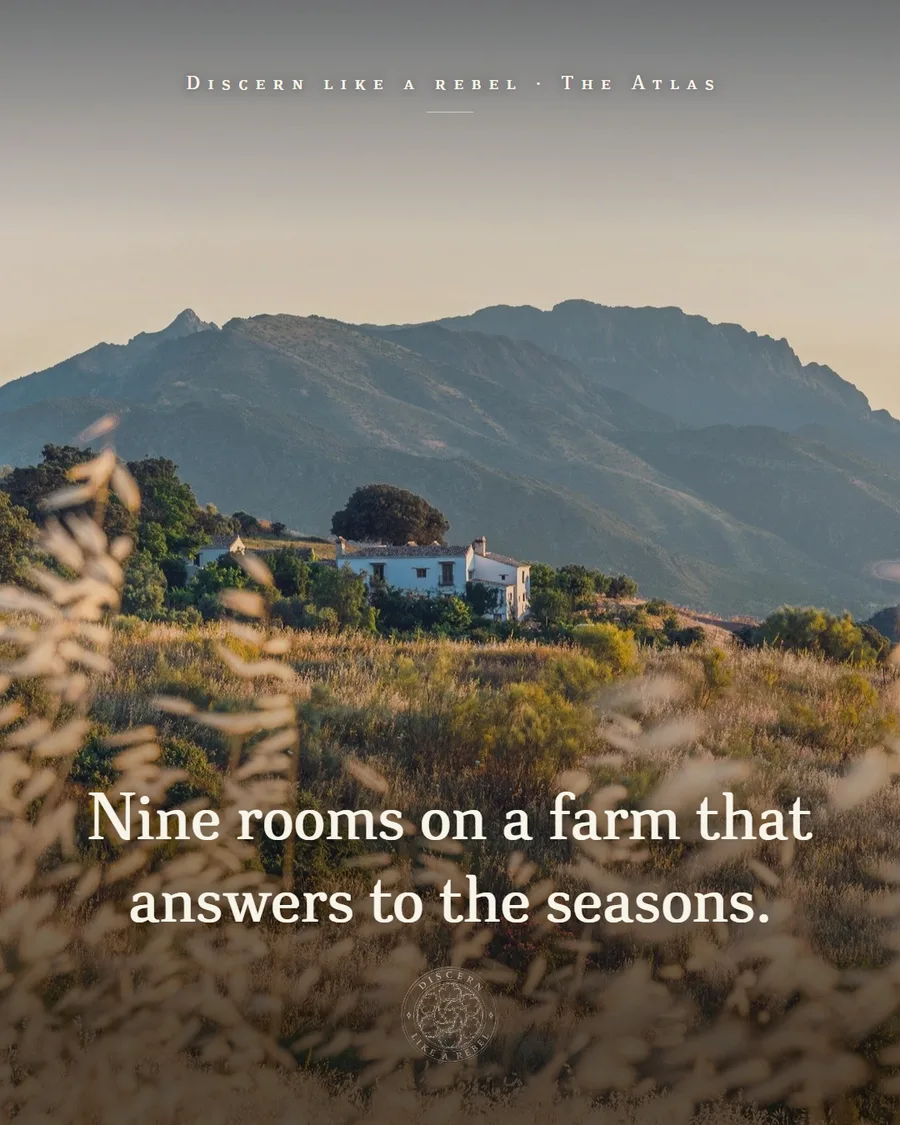La Donaira beneath the mountains with the words Nine rooms on a farm that answers to the seasons