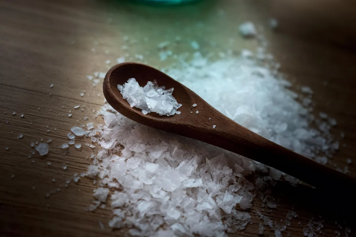 Large flakes of sea salt resting on a wooden spoon