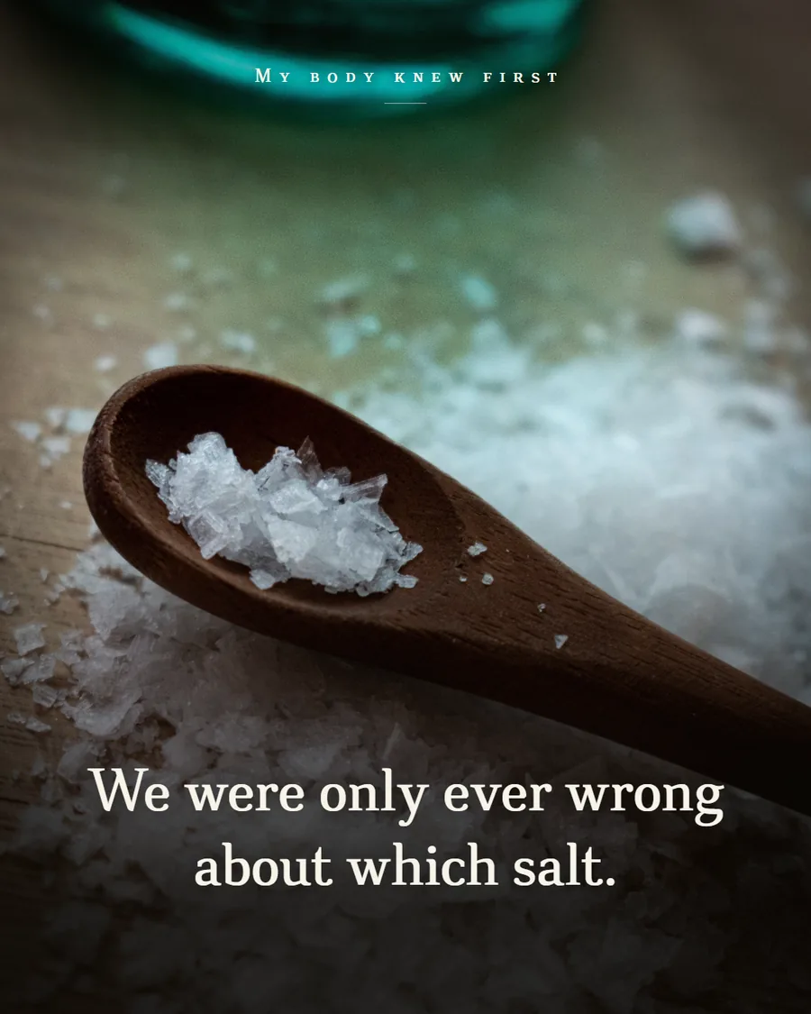 A wooden spoon filled with coarse salt, with the words We were only ever wrong about which salt