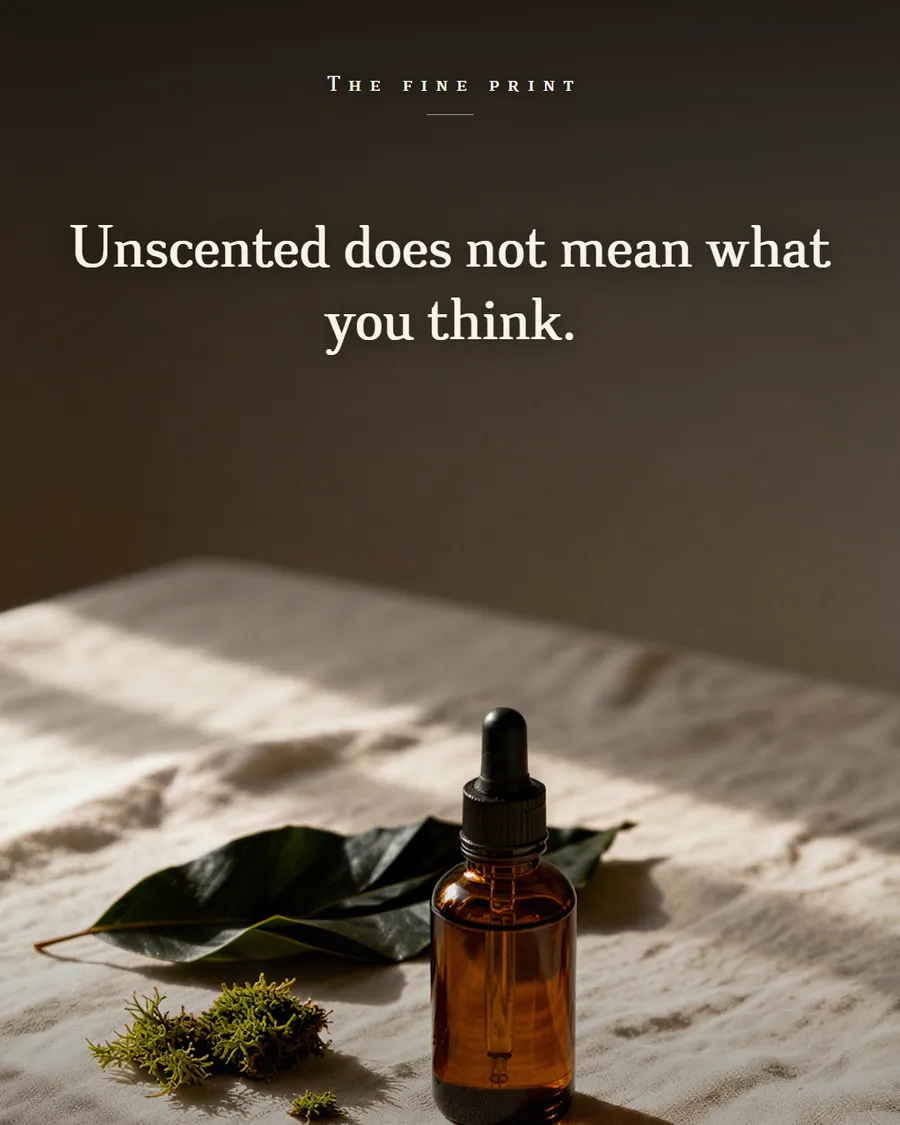 A small amber dropper bottle on rumpled linen in low afternoon sun, beside a laurel leaf and a sprig of moss